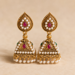 Pearl jhumka earrings, antique gold earrings, traditional jhumkas, ethnic jewelry, wedding earrings, Indian pearl earrings, festive jewelry, ruby jhumka, temple jewelry earrings, bridal jhumkas