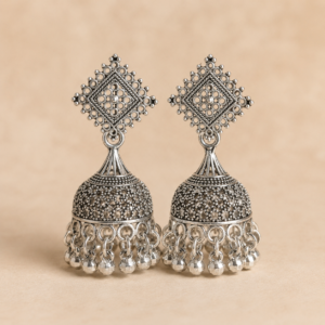 Handcrafted oxidized silver jhumka earrings with intricate filigree square stud design and dangling ghungroo beads by Shining Riva