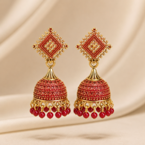 traditional-red-gold-jhumka-earrings-shining-riva handcrafted-antique-jhumka-earrings-red-beads