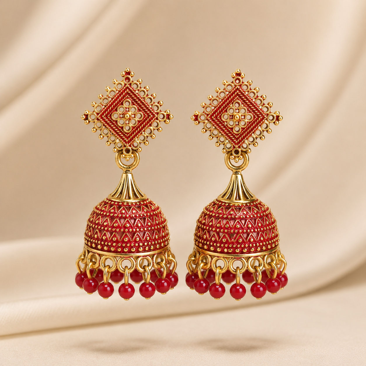 traditional-red-gold-jhumka-earrings-shining-riva handcrafted-antique-jhumka-earrings-red-beads