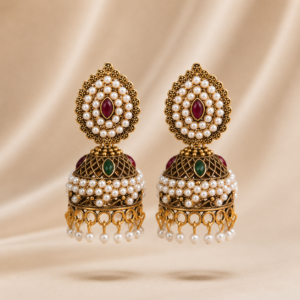 shining-riva-antique-gold-pearl-jhumka-earrings-ruby-green-stone