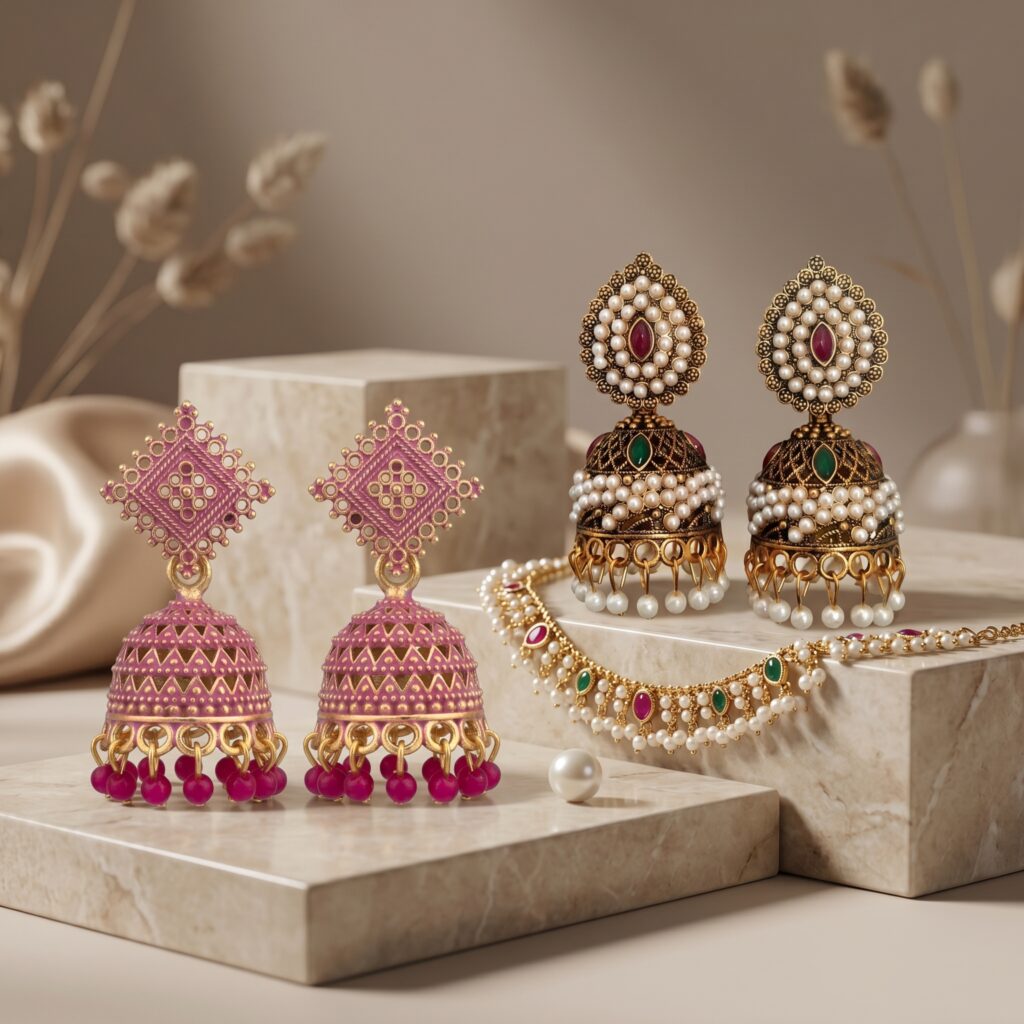 Luxury traditional imitation jewelry collection featuring pink temple jhumka earrings, pearl-studded designer jhumkas, and elegant festive accessories displayed on beige marble platforms.