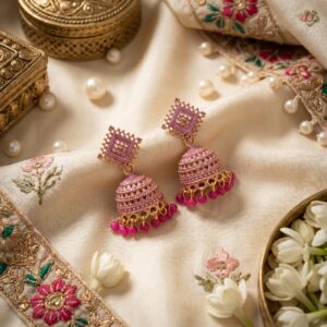 Shining Riva Pink Antique Gold Traditional Jhumka Earrings